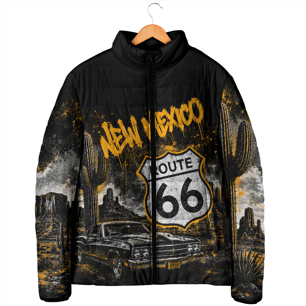 Personalized New Mexico Route 66 Classic Car Padded Jacket Desert Cactus Grunge Paint Splatter Vintage Road Trip