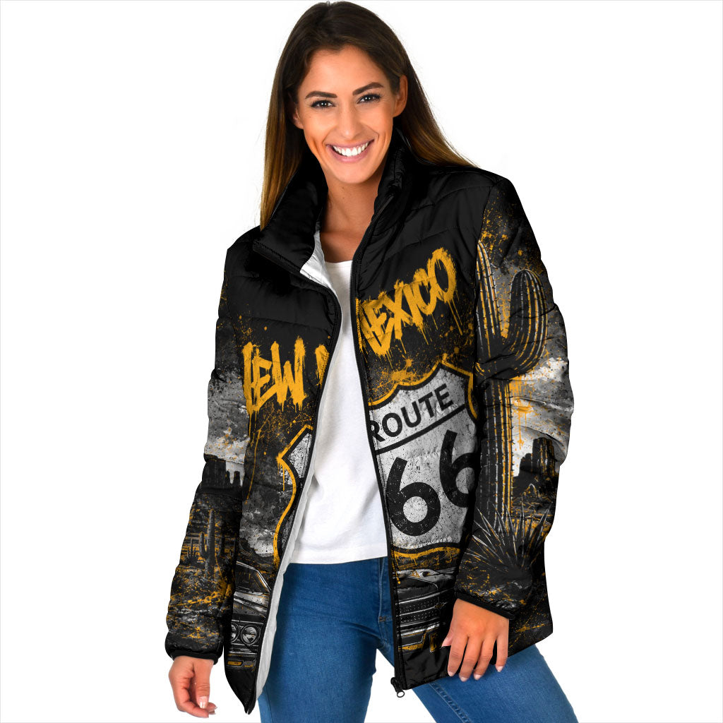 Personalized New Mexico Route 66 Classic Car Padded Jacket Desert Cactus Grunge Paint Splatter Vintage Road Trip