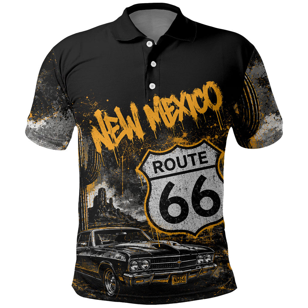 Personalized New Mexico Route 66 Classic Car Polo Shirt Desert Cactus Grunge Paint Splatter Vintage Road Trip