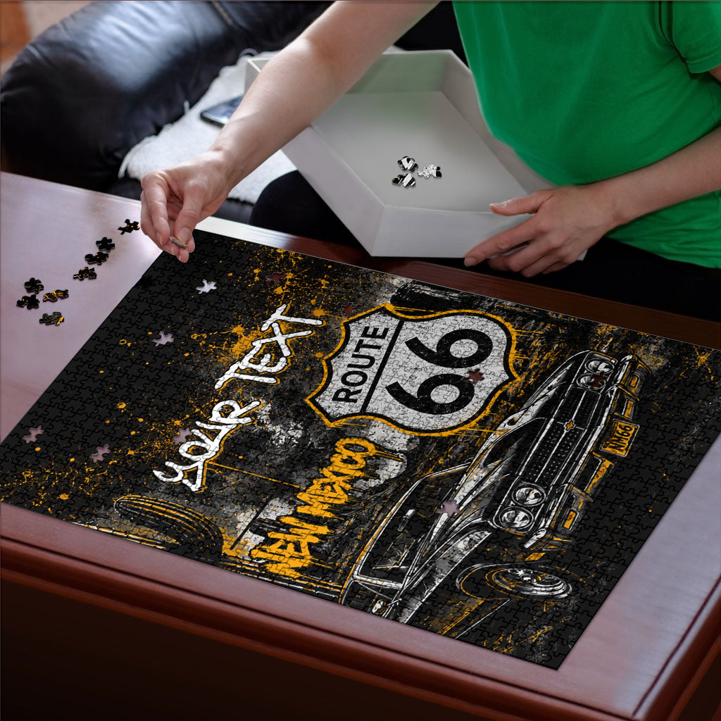 Personalized New Mexico Route 66 Classic Car Puzzle Desert Cactus Grunge Paint Splatter Vintage Road Trip