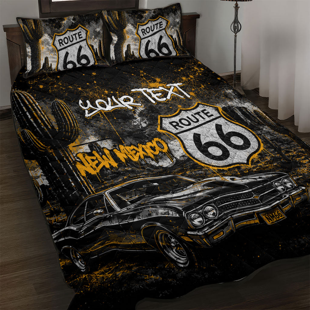 Personalized New Mexico Route 66 Classic Car Quilt Bed Set Desert Cactus Grunge Paint Splatter Vintage Road Trip