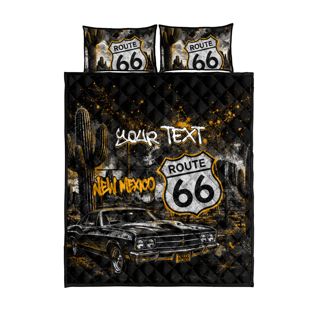 Personalized New Mexico Route 66 Classic Car Quilt Bed Set Desert Cactus Grunge Paint Splatter Vintage Road Trip