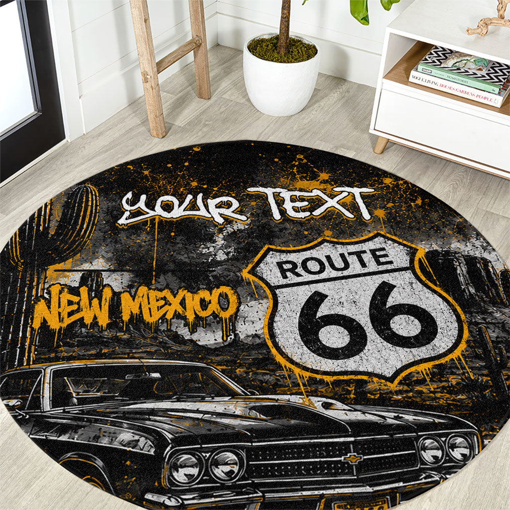 Personalized New Mexico Route 66 Classic Car Round Carpet Desert Cactus Grunge Paint Splatter Vintage Road Trip