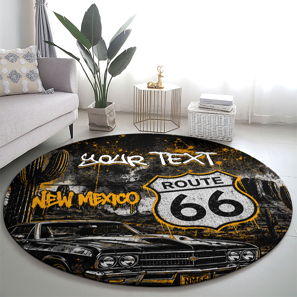 Personalized New Mexico Route 66 Classic Car Round Carpet Desert Cactus Grunge Paint Splatter Vintage Road Trip