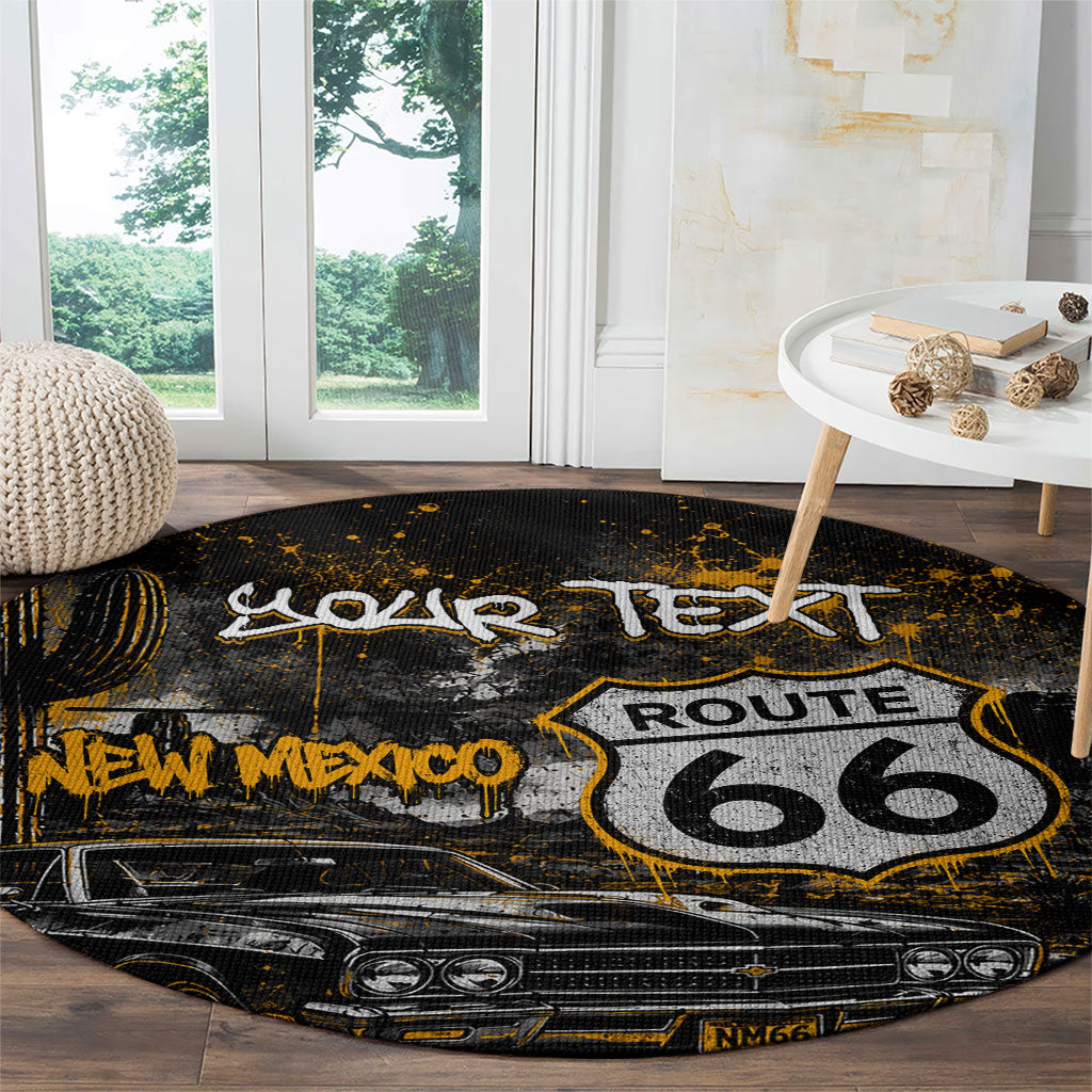 Personalized New Mexico Route 66 Classic Car Round Carpet Desert Cactus Grunge Paint Splatter Vintage Road Trip
