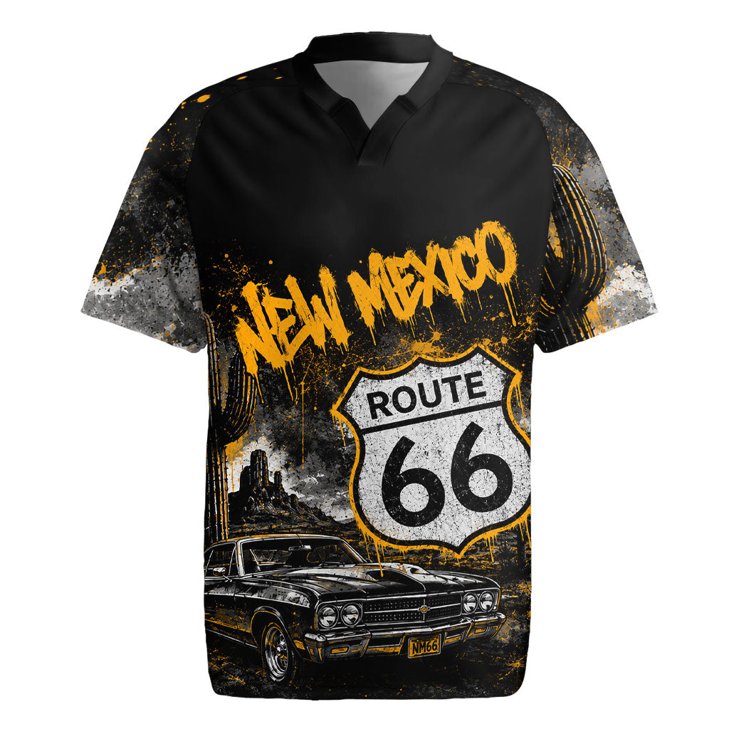 Personalized New Mexico Route 66 Classic Car Rugby Jersey Desert Cactus Grunge Paint Splatter Vintage Road Trip