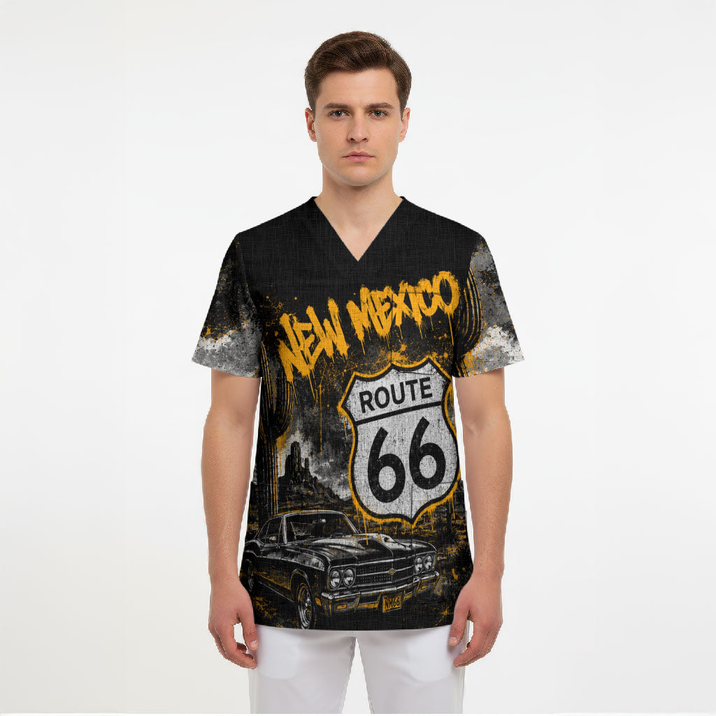 Personalized New Mexico Route 66 Classic Car Scrub Top Desert Cactus Grunge Paint Splatter Vintage Road Trip