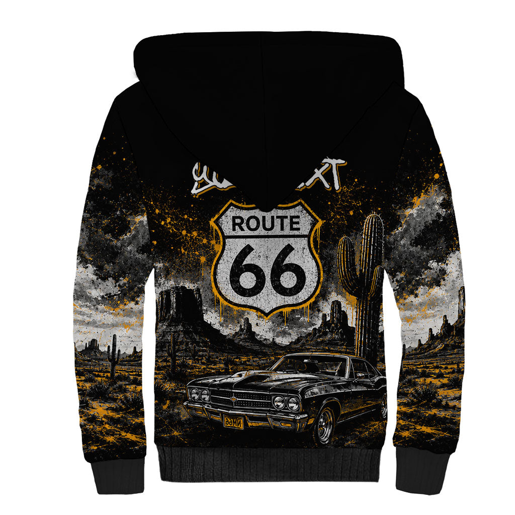 Personalized New Mexico Route 66 Classic Car Sherpa Hoodie Desert Cactus Grunge Paint Splatter Vintage Road Trip