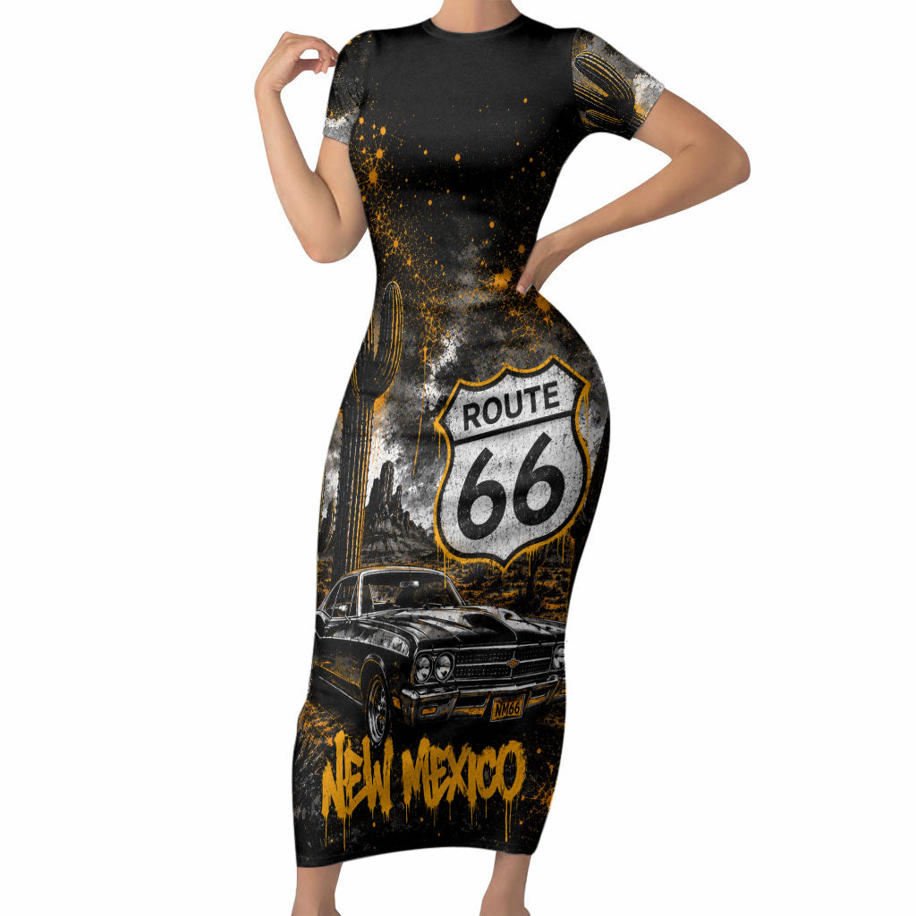 Personalized New Mexico Route 66 Classic Car Short Sleeve Bodycon Dress Desert Cactus Grunge Paint Splatter Vintage Road Trip