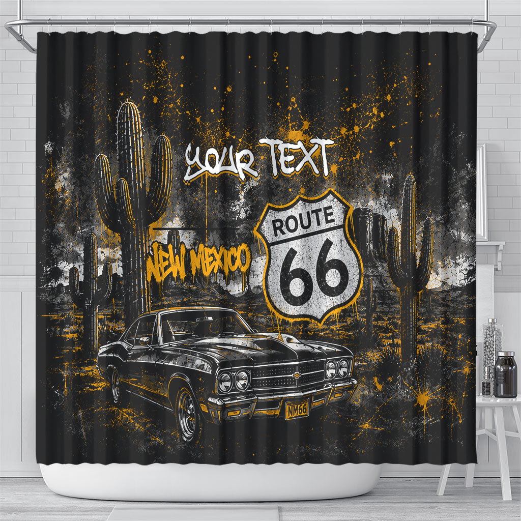 Personalized New Mexico Route 66 Classic Car Shower Curtain Desert Cactus Grunge Paint Splatter Vintage Road Trip