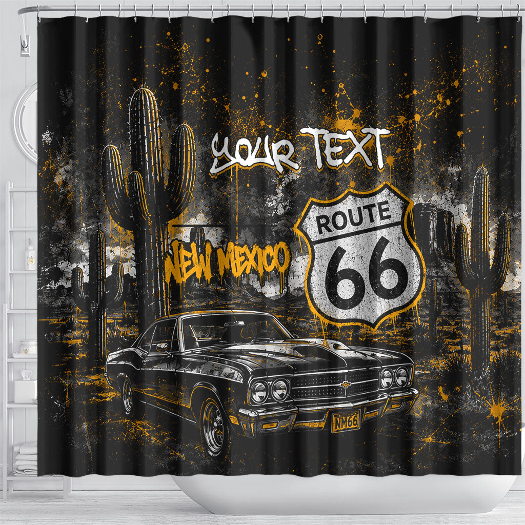 Personalized New Mexico Route 66 Classic Car Shower Curtain Desert Cactus Grunge Paint Splatter Vintage Road Trip