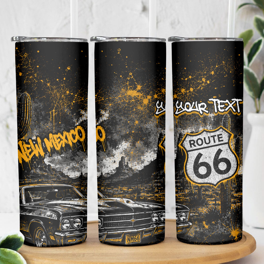 Personalized New Mexico Route 66 Classic Car Skinny Tumbler Desert Cactus Grunge Paint Splatter Vintage Road Trip