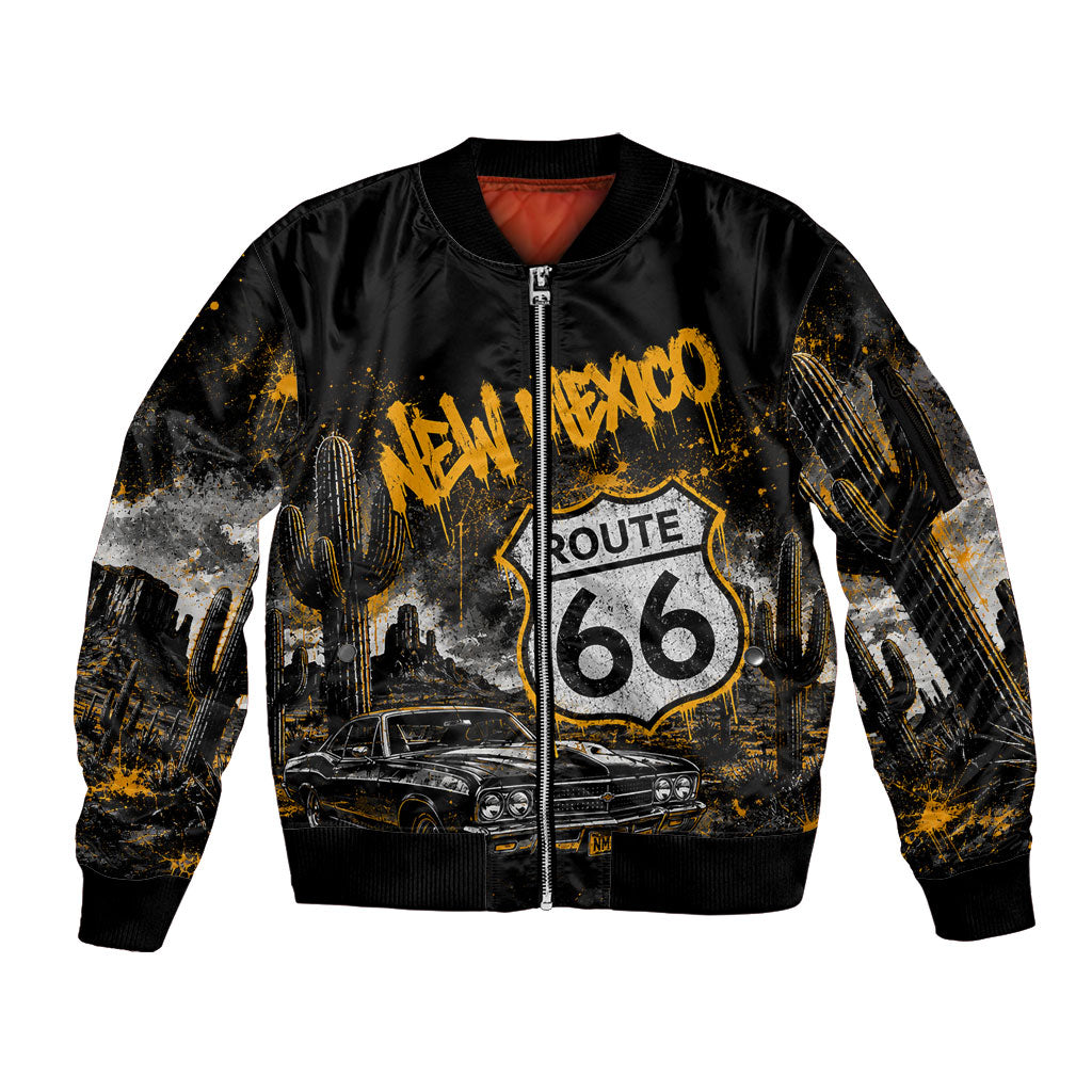 Personalized New Mexico Route 66 Classic Car Sleeve Zip Bomber Jacket Desert Cactus Grunge Paint Splatter Vintage Road Trip