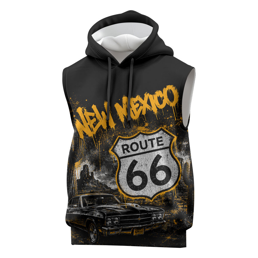 Personalized New Mexico Route 66 Classic Car Sleeveless Hoodie Desert Cactus Grunge Paint Splatter Vintage Road Trip