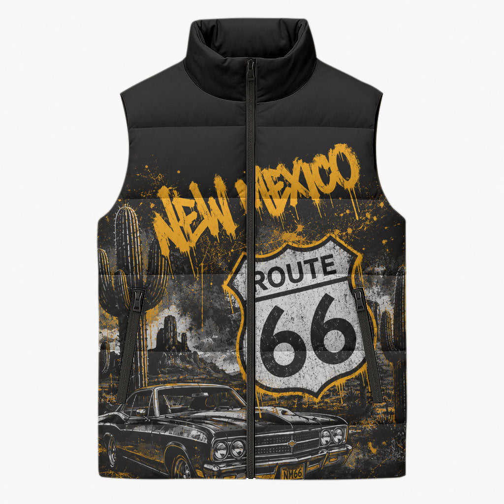 Personalized New Mexico Route 66 Classic Car Sleeveless Puffer Jacket Desert Cactus Grunge Paint Splatter Vintage Road Trip