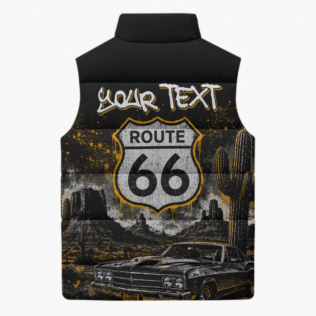 Personalized New Mexico Route 66 Classic Car Sleeveless Puffer Jacket Desert Cactus Grunge Paint Splatter Vintage Road Trip