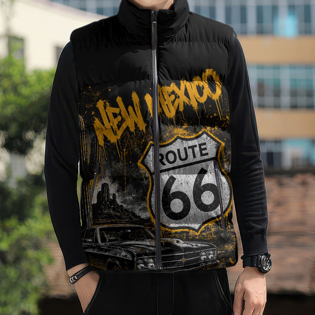 Personalized New Mexico Route 66 Classic Car Sleeveless Puffer Jacket Desert Cactus Grunge Paint Splatter Vintage Road Trip