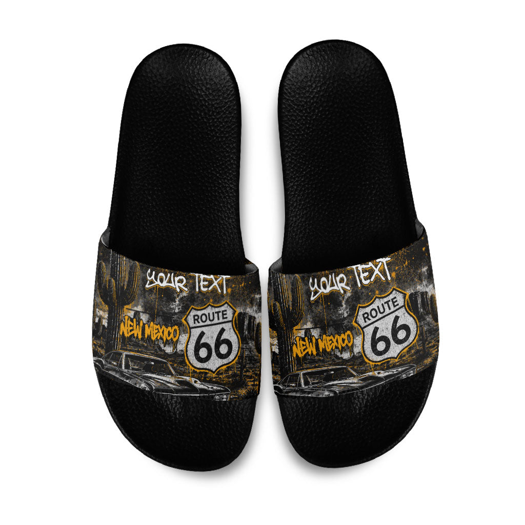 Personalized New Mexico Route 66 Classic Car Slide Sandals Desert Cactus Grunge Paint Splatter Vintage Road Trip