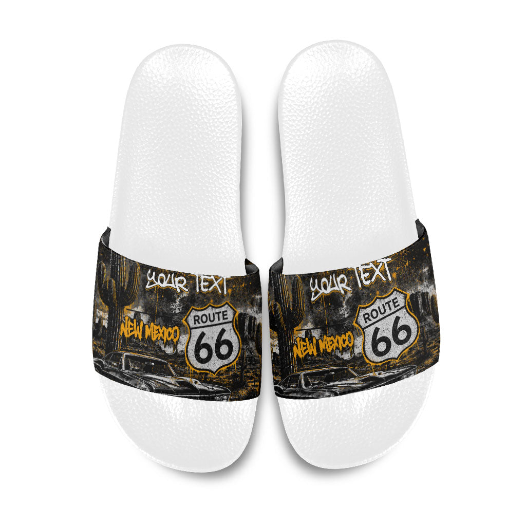 Personalized New Mexico Route 66 Classic Car Slide Sandals Desert Cactus Grunge Paint Splatter Vintage Road Trip