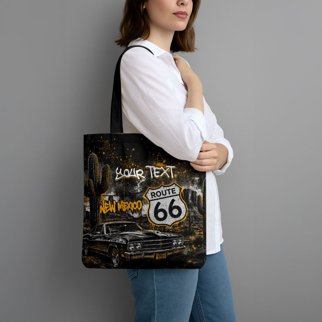 Personalized New Mexico Route 66 Classic Car Tote Bag Desert Cactus Grunge Paint Splatter Vintage Road Trip