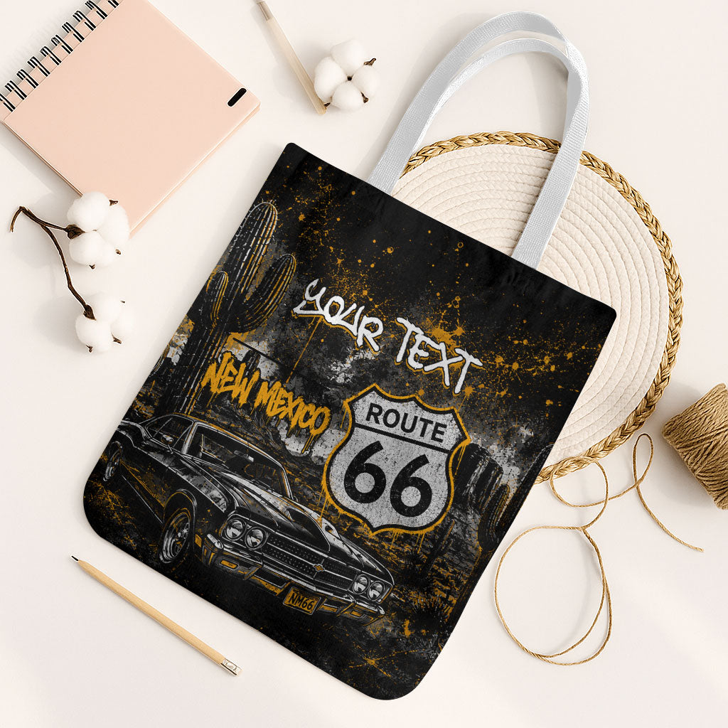 Personalized New Mexico Route 66 Classic Car Tote Bag Desert Cactus Grunge Paint Splatter Vintage Road Trip