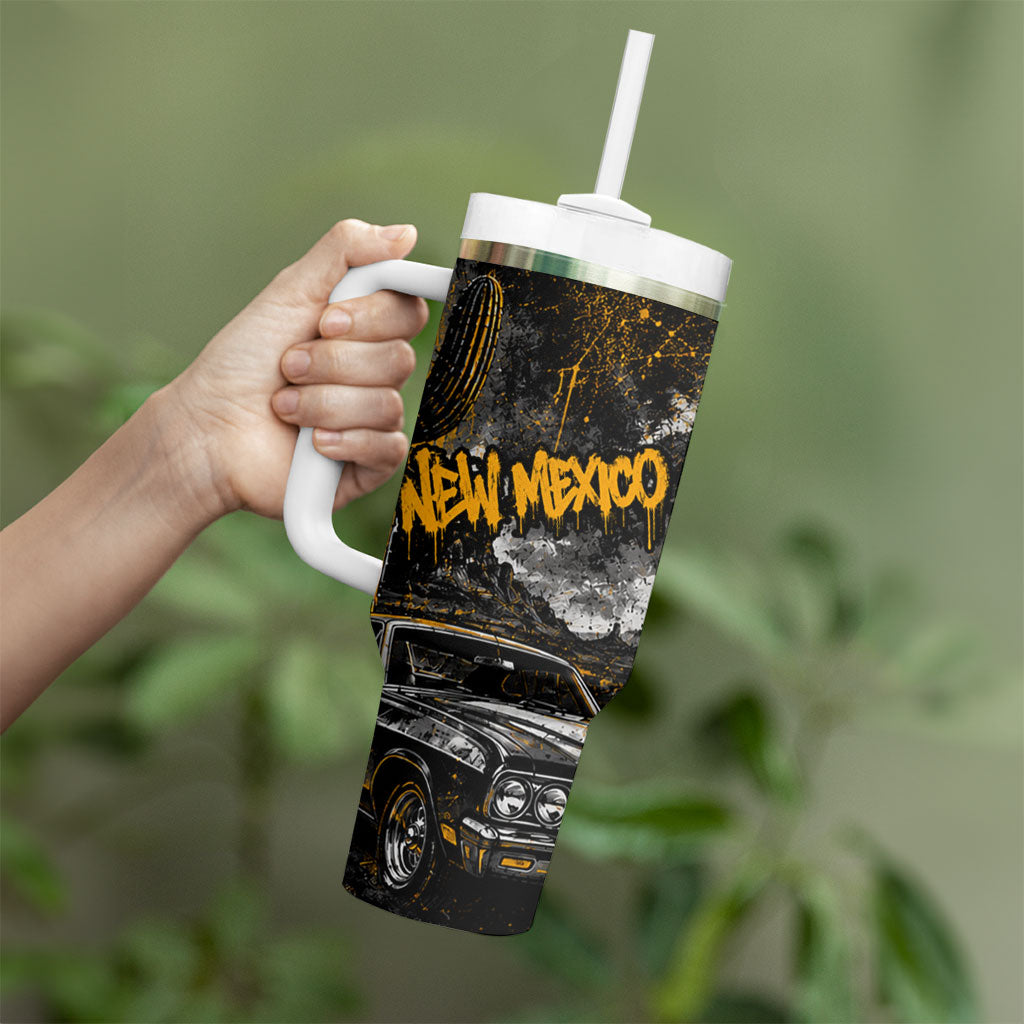 Personalized New Mexico Route 66 Classic Car Tumbler With Handle Desert Cactus Grunge Paint Splatter Vintage Road Trip