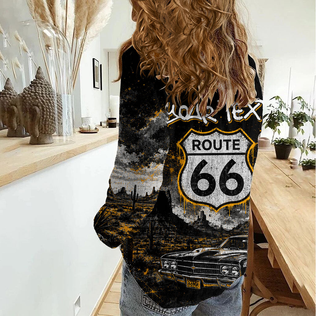 Personalized New Mexico Route 66 Classic Car Women Casual Shirt Desert Cactus Grunge Paint Splatter Vintage Road Trip