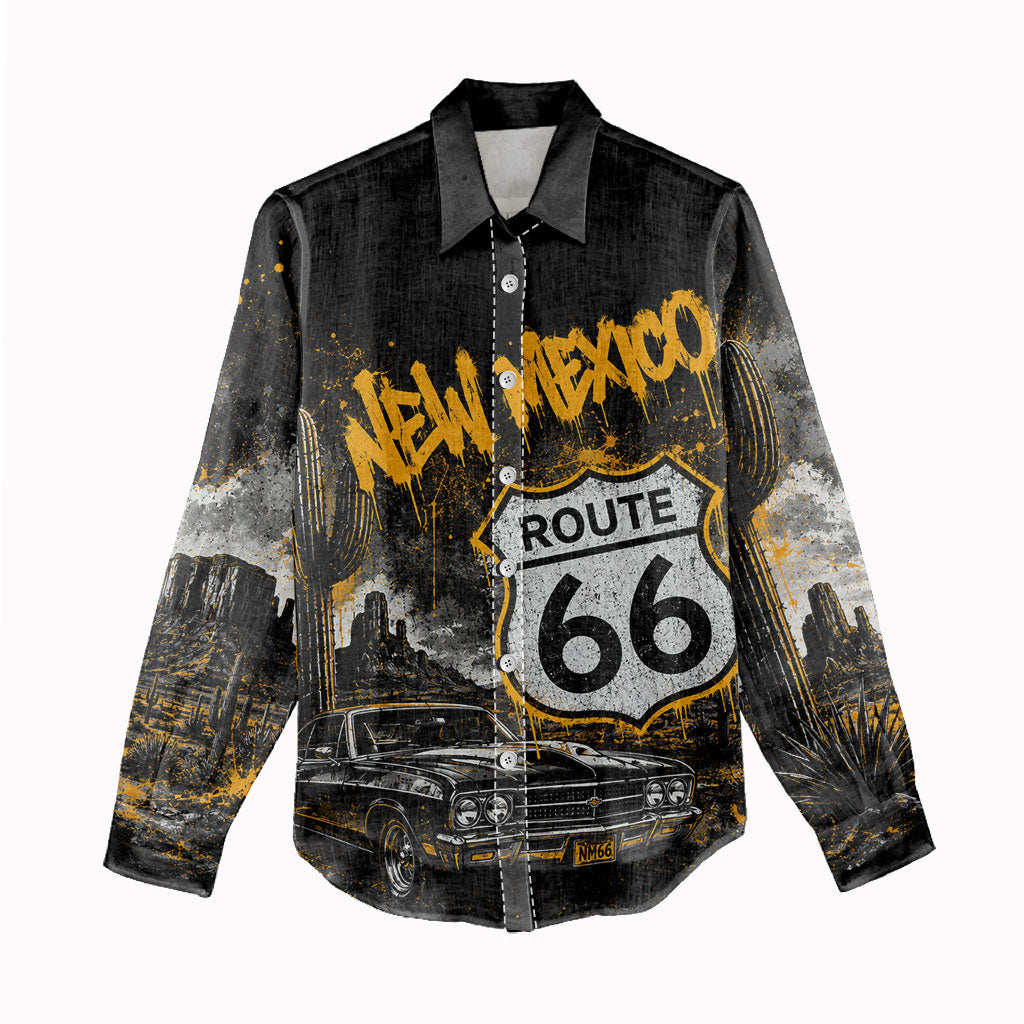 Personalized New Mexico Route 66 Classic Car Women Casual Shirt Desert Cactus Grunge Paint Splatter Vintage Road Trip