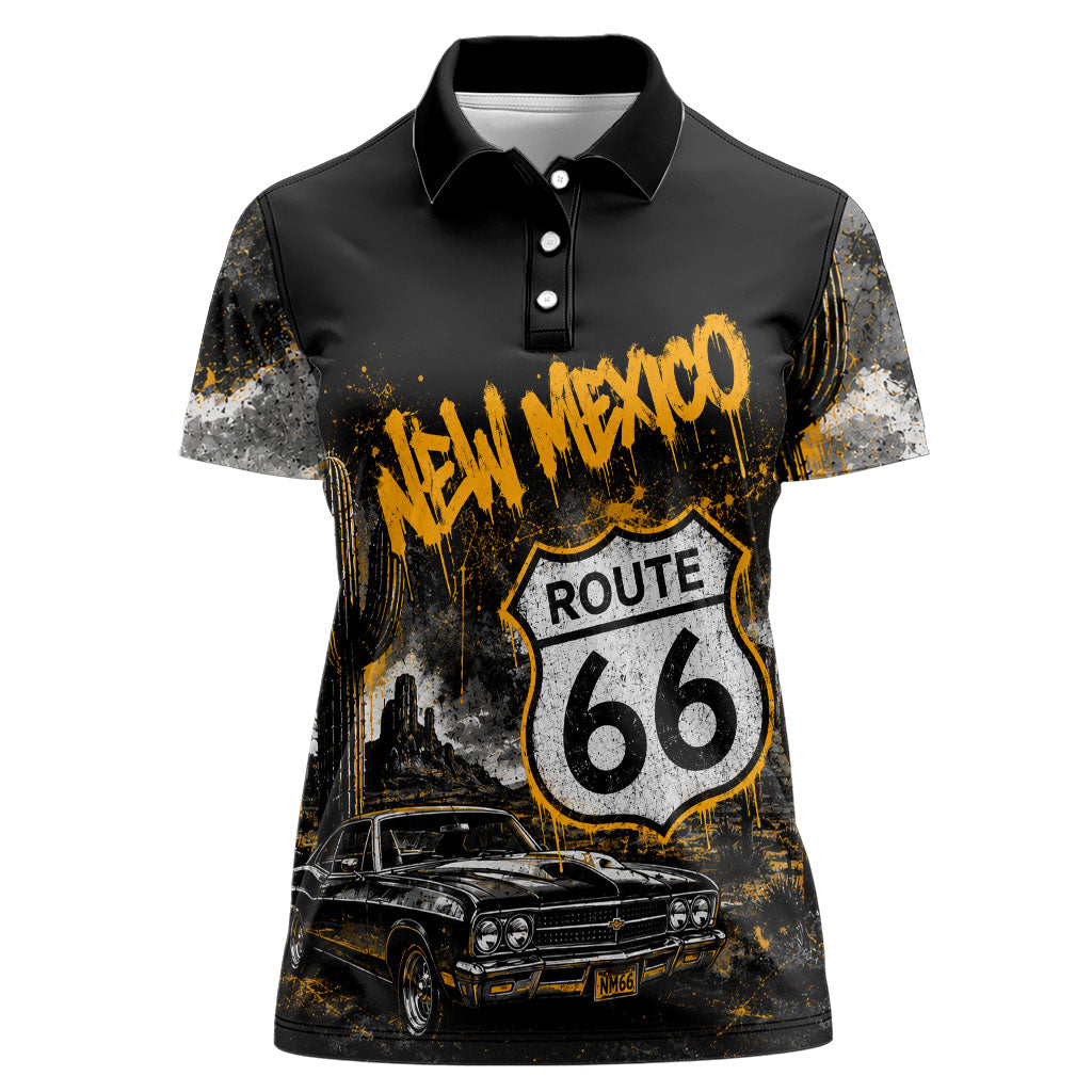 Personalized New Mexico Route 66 Classic Car Women Polo Shirt Desert Cactus Grunge Paint Splatter Vintage Road Trip