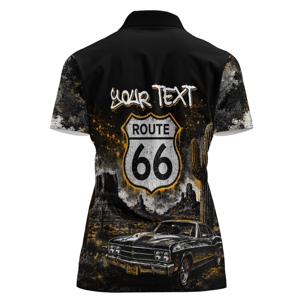 Personalized New Mexico Route 66 Classic Car Women Polo Shirt Desert Cactus Grunge Paint Splatter Vintage Road Trip