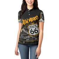 Personalized New Mexico Route 66 Classic Car Women Polo Shirt Desert Cactus Grunge Paint Splatter Vintage Road Trip