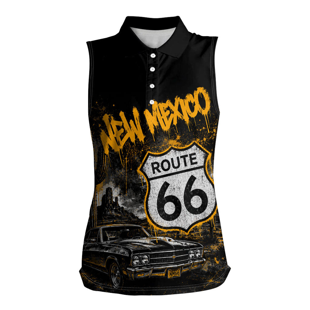 Personalized New Mexico Route 66 Classic Car Women Sleeveless Polo Shirt Desert Cactus Grunge Paint Splatter Vintage Road Trip
