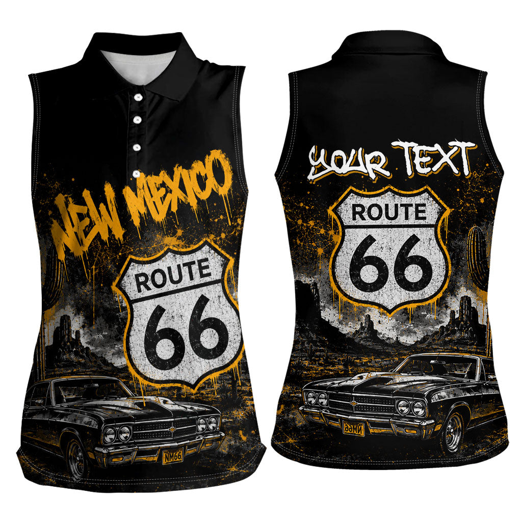 Personalized New Mexico Route 66 Classic Car Women Sleeveless Polo Shirt Desert Cactus Grunge Paint Splatter Vintage Road Trip