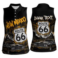 Personalized New Mexico Route 66 Classic Car Women Sleeveless Polo Shirt Desert Cactus Grunge Paint Splatter Vintage Road Trip