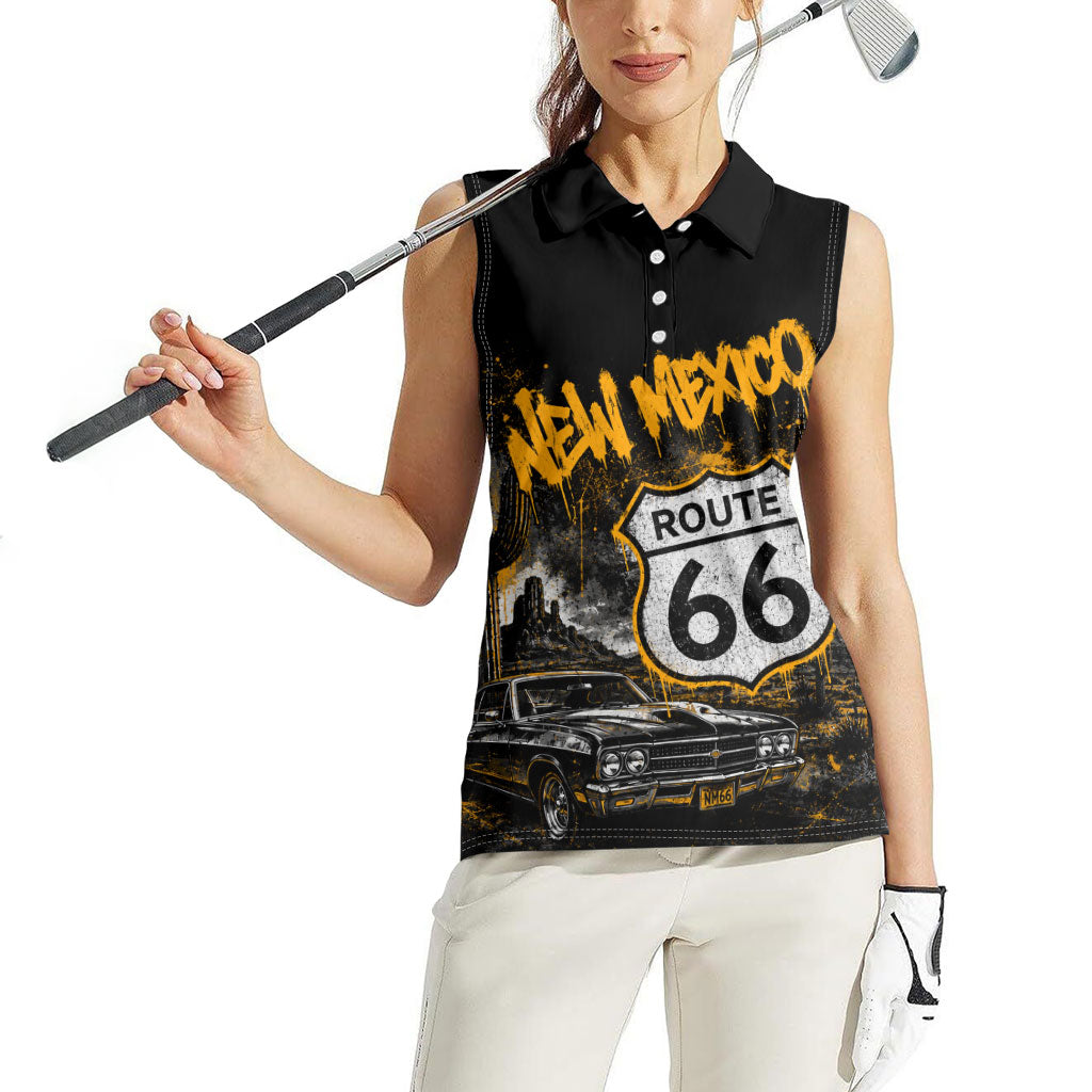Personalized New Mexico Route 66 Classic Car Women Sleeveless Polo Shirt Desert Cactus Grunge Paint Splatter Vintage Road Trip