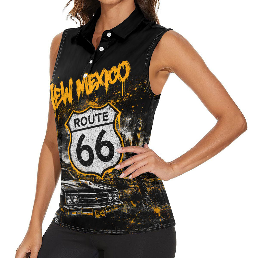 Personalized New Mexico Route 66 Classic Car Women Sleeveless Polo Shirt Desert Cactus Grunge Paint Splatter Vintage Road Trip