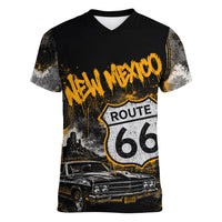 Personalized New Mexico Route 66 Classic Car Women V-Neck T-Shirt Desert Cactus Grunge Paint Splatter Vintage Road Trip