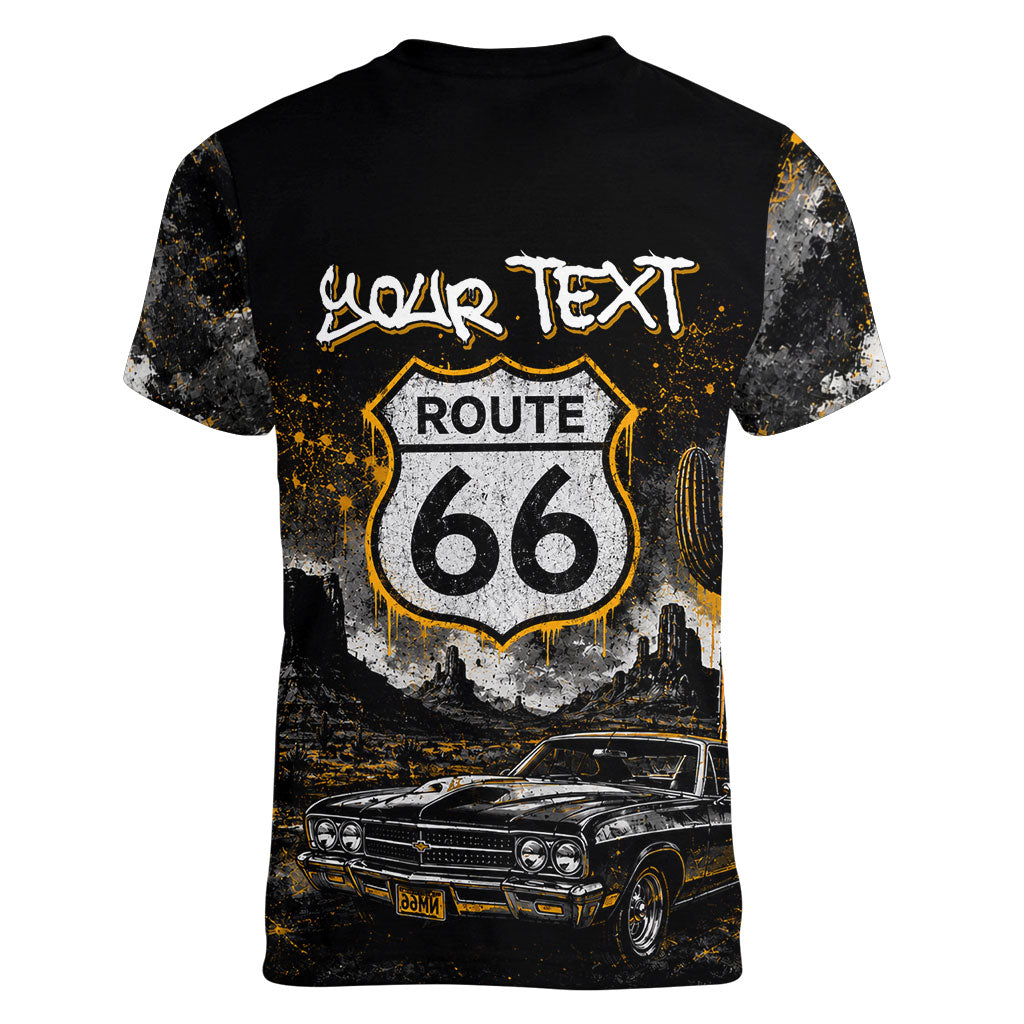 Personalized New Mexico Route 66 Classic Car Women V-Neck T-Shirt Desert Cactus Grunge Paint Splatter Vintage Road Trip