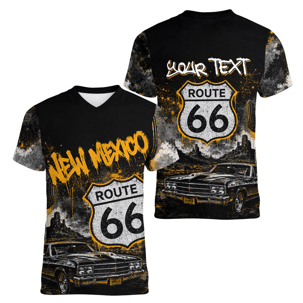 Personalized New Mexico Route 66 Classic Car Women V-Neck T-Shirt Desert Cactus Grunge Paint Splatter Vintage Road Trip