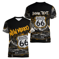 Personalized New Mexico Route 66 Classic Car Women V-Neck T-Shirt Desert Cactus Grunge Paint Splatter Vintage Road Trip