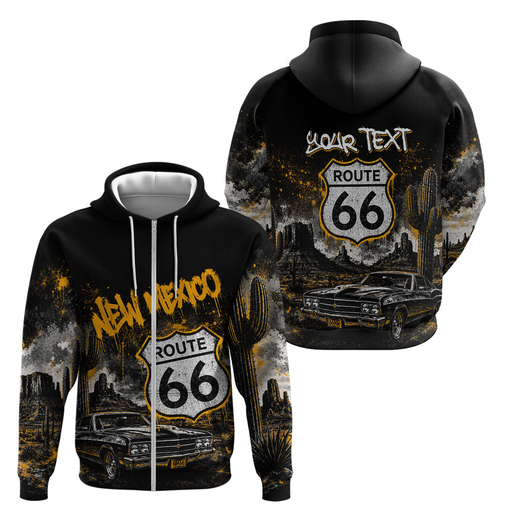 Personalized New Mexico Route 66 Classic Car Zip Hoodie Desert Cactus Grunge Paint Splatter Vintage Road Trip