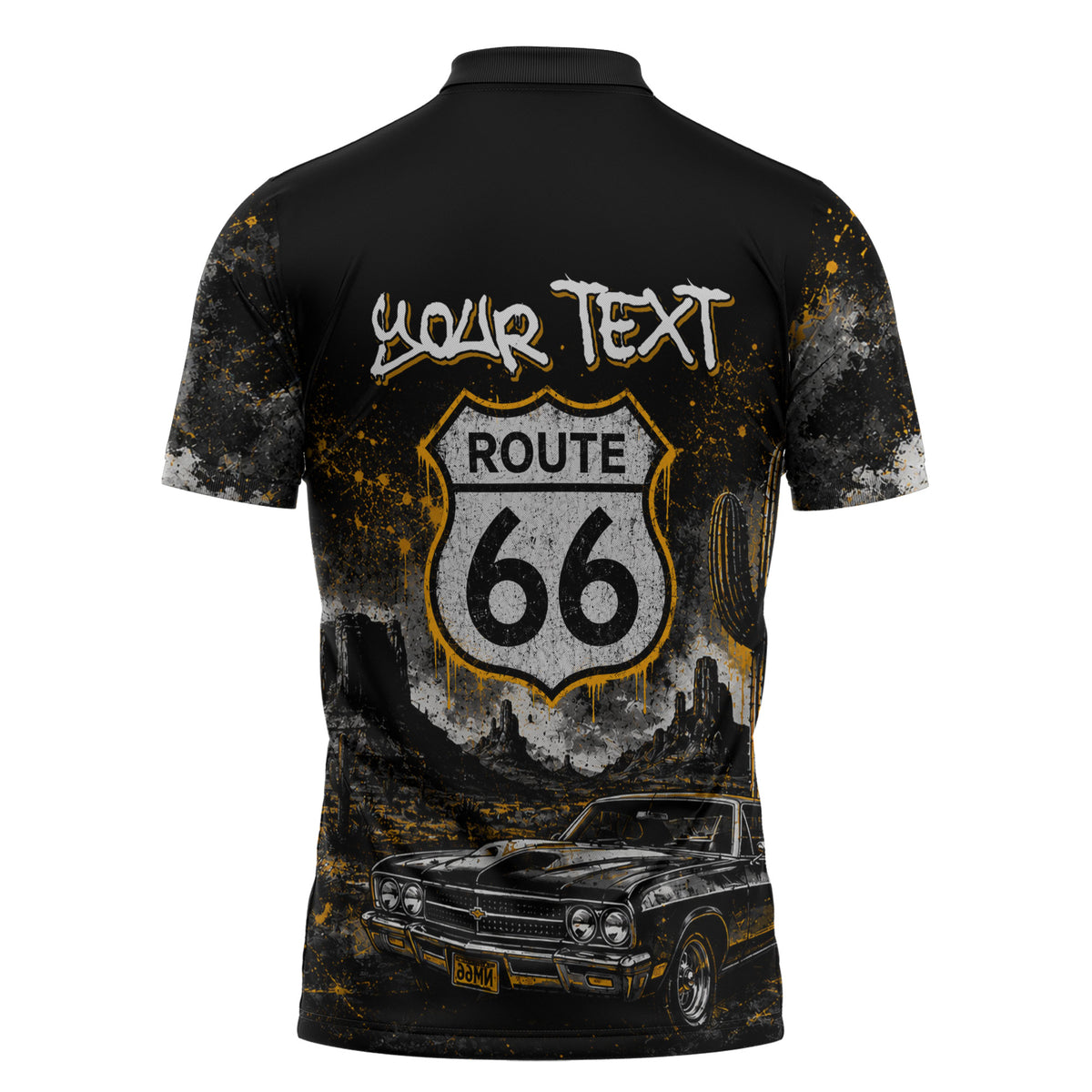Personalized New Mexico Route 66 Classic Car Zipper Polo Shirt Desert Cactus Grunge Paint Splatter Vintage Road Trip