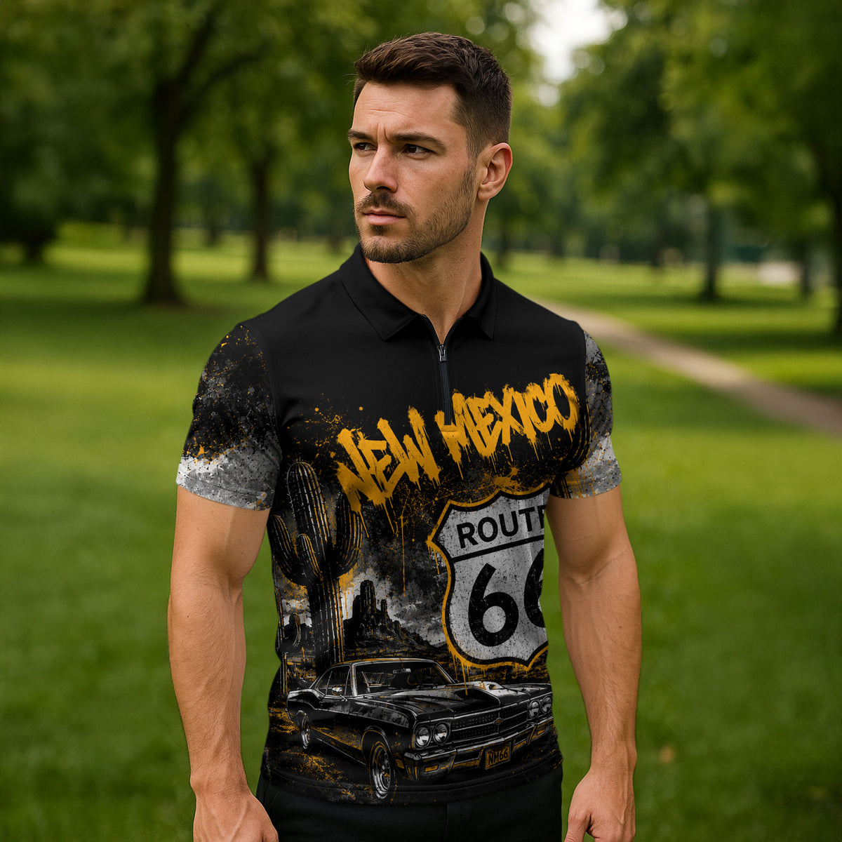 Personalized New Mexico Route 66 Classic Car Zipper Polo Shirt Desert Cactus Grunge Paint Splatter Vintage Road Trip