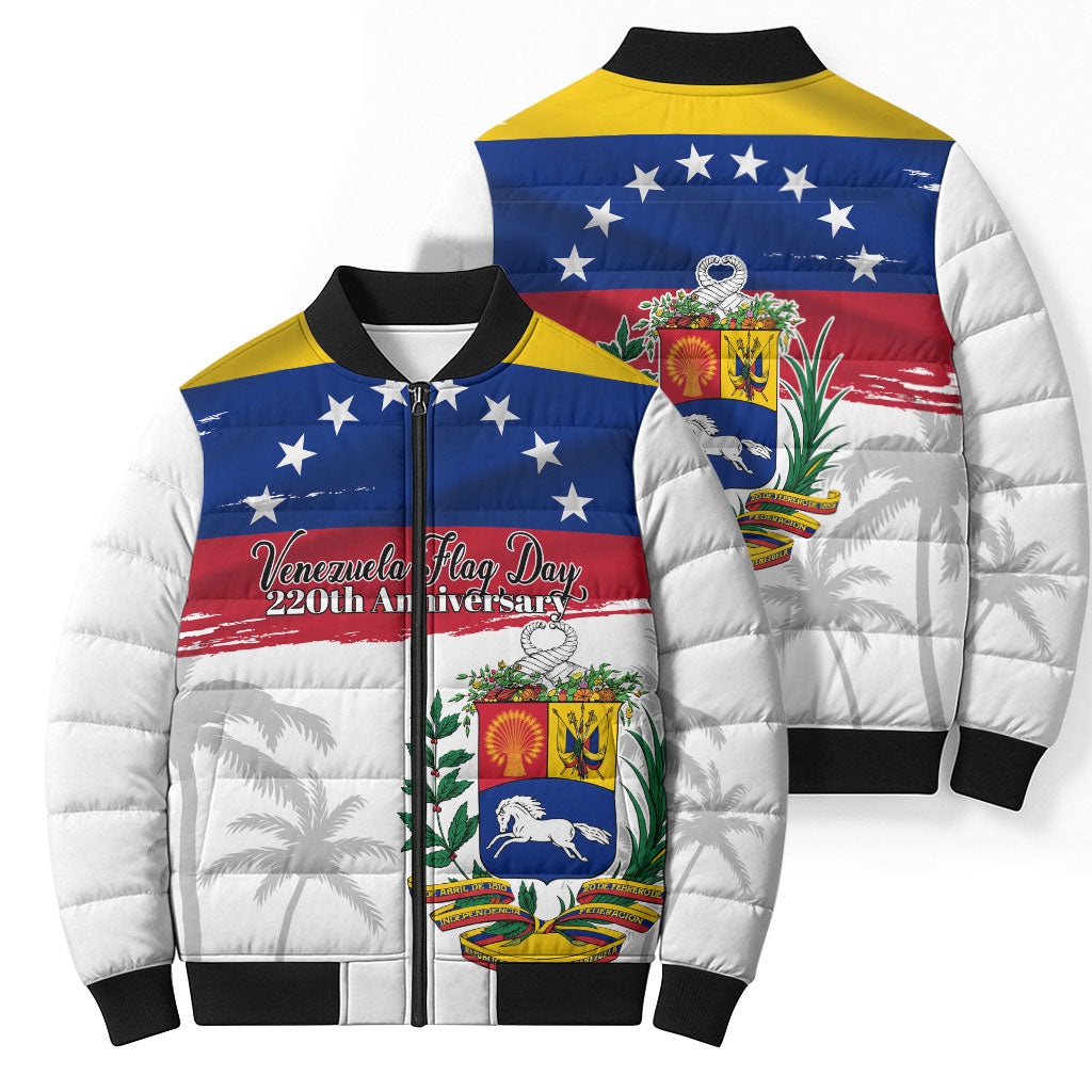 Venezuela Flag Day Bomber Puffer Jacket 220th Anniversary Coat Of Arms Palm Tree Silhouette