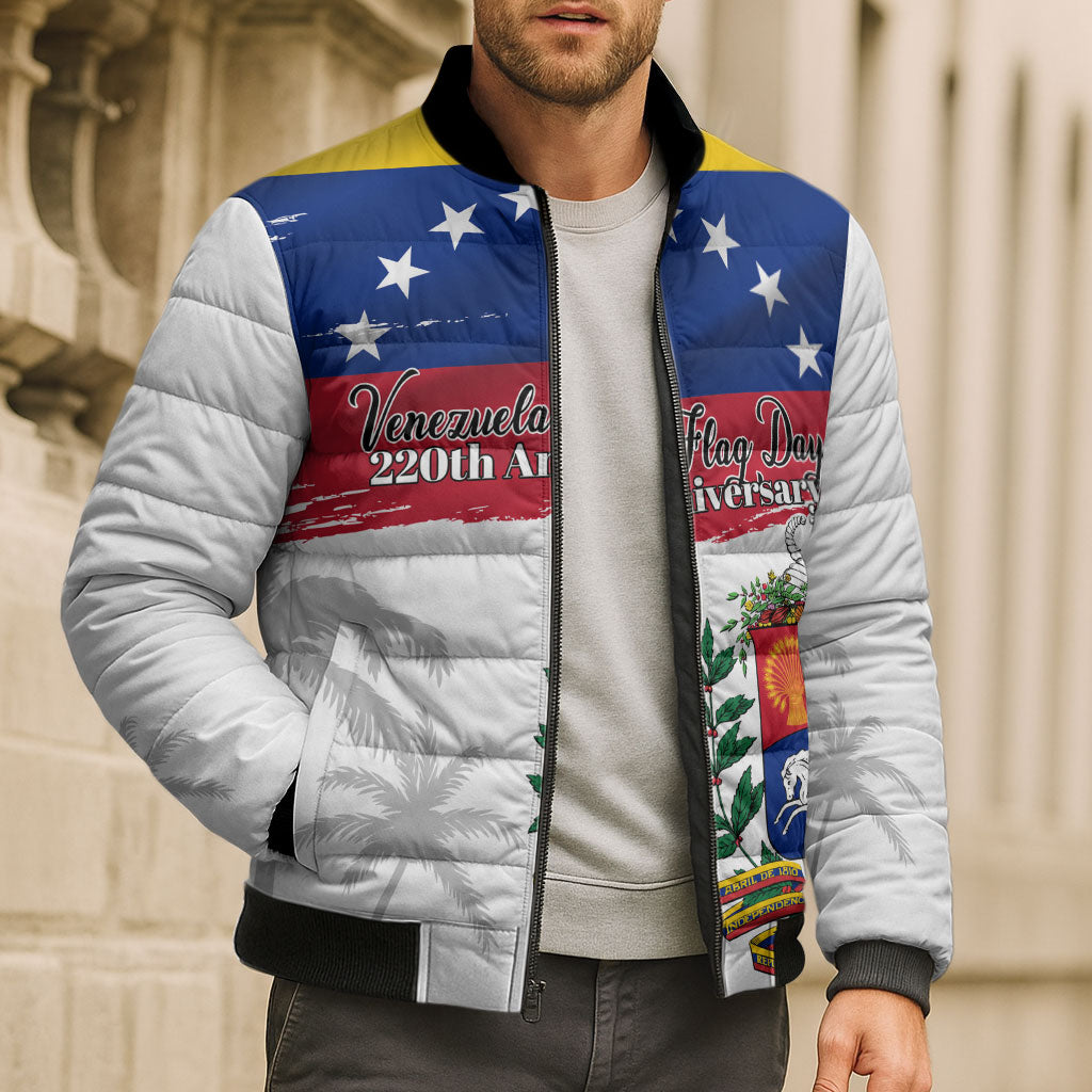 Venezuela Flag Day Bomber Puffer Jacket 220th Anniversary Coat Of Arms Palm Tree Silhouette