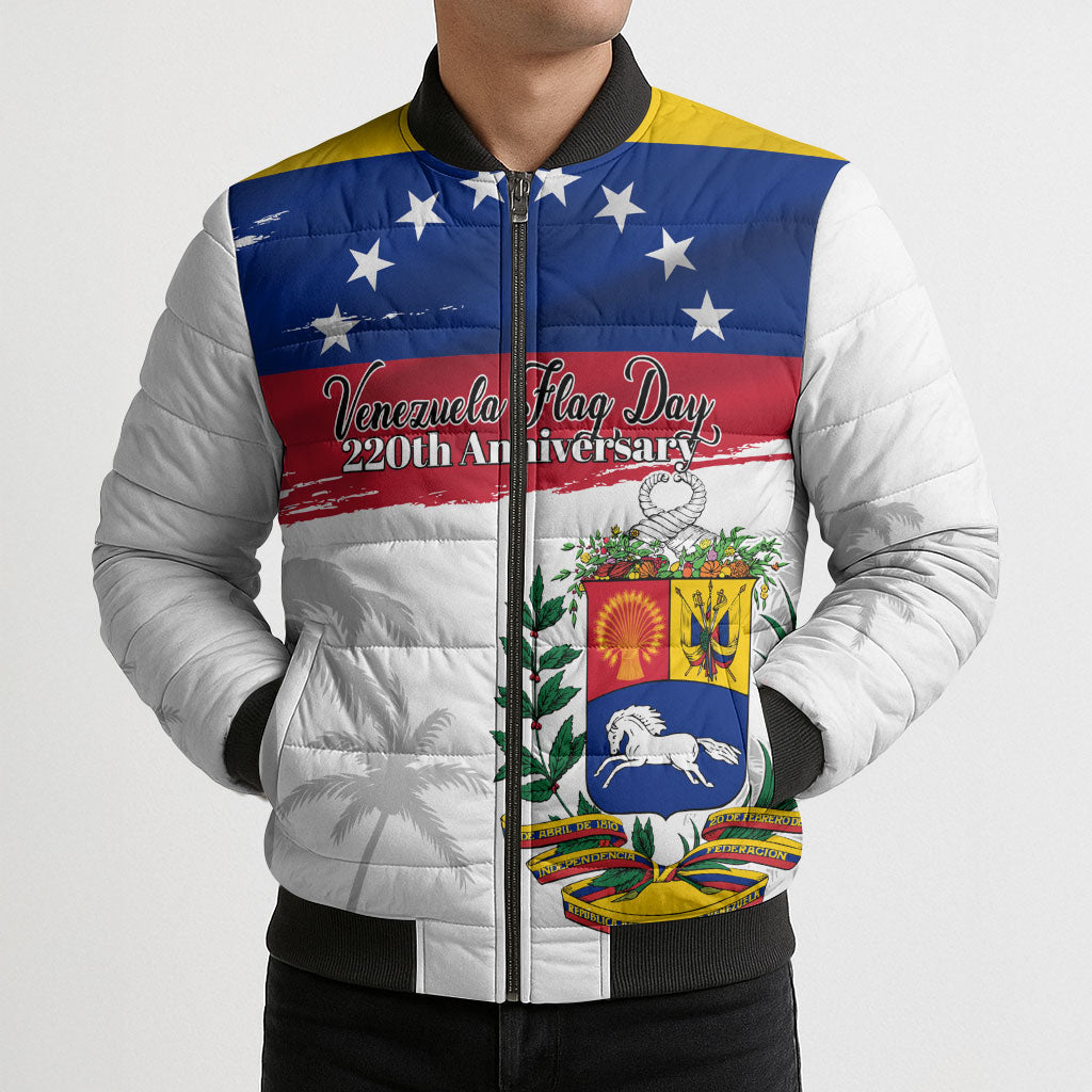 Venezuela Flag Day Bomber Puffer Jacket 220th Anniversary Coat Of Arms Palm Tree Silhouette