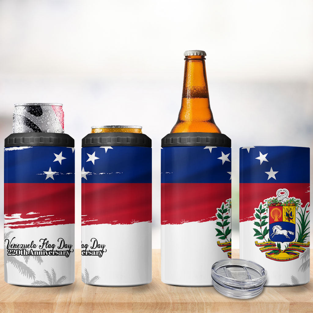 Venezuela Flag Day 4 in 1 Can Cooler Tumbler 220th Anniversary Coat Of Arms Palm Tree Silhouette