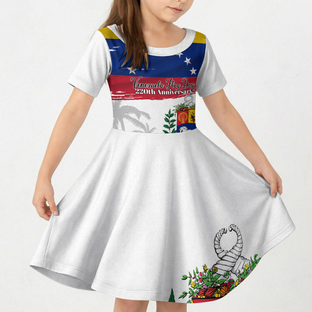 Venezuela Flag Day Kid Short Sleeve Dress 220th Anniversary Coat Of Arms Palm Tree Silhouette