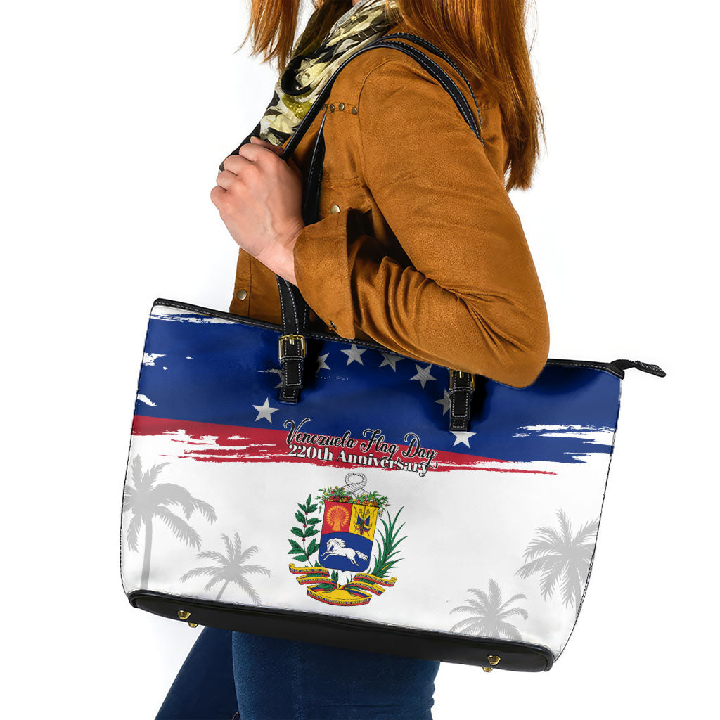 Venezuela Flag Day Leather Tote Bag 220th Anniversary Coat Of Arms Palm Tree Silhouette