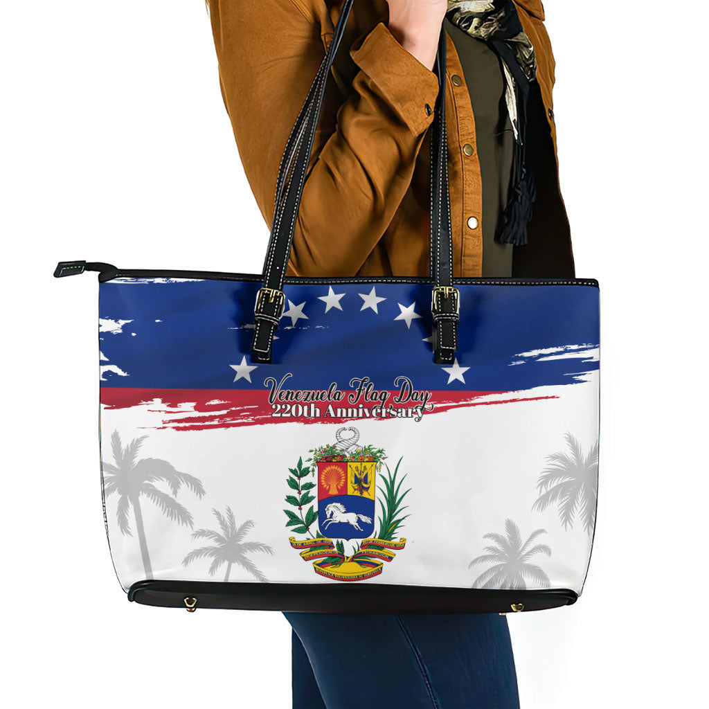 Venezuela Flag Day Leather Tote Bag 220th Anniversary Coat Of Arms Palm Tree Silhouette